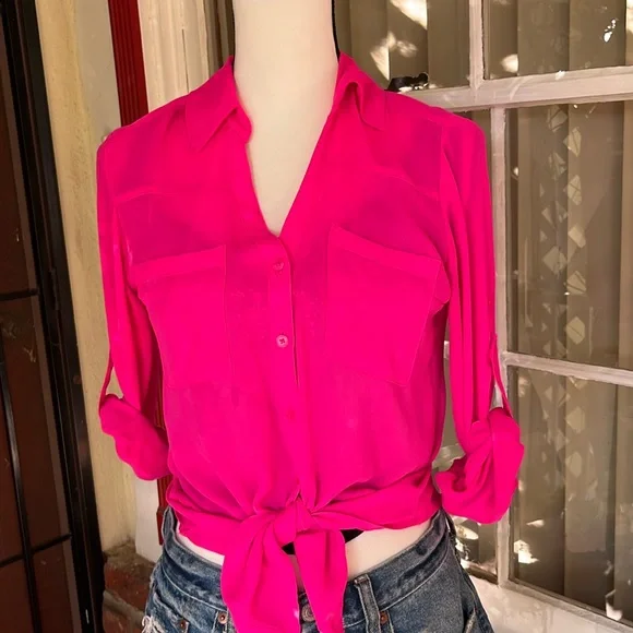 Express | Tops | Expresswomens Portofino Long Sleeve Blouse In Hot Pink And  Has Convertible Sle | Poshmark